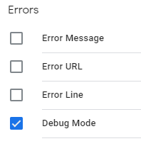 image of list of errors with debug mode selected