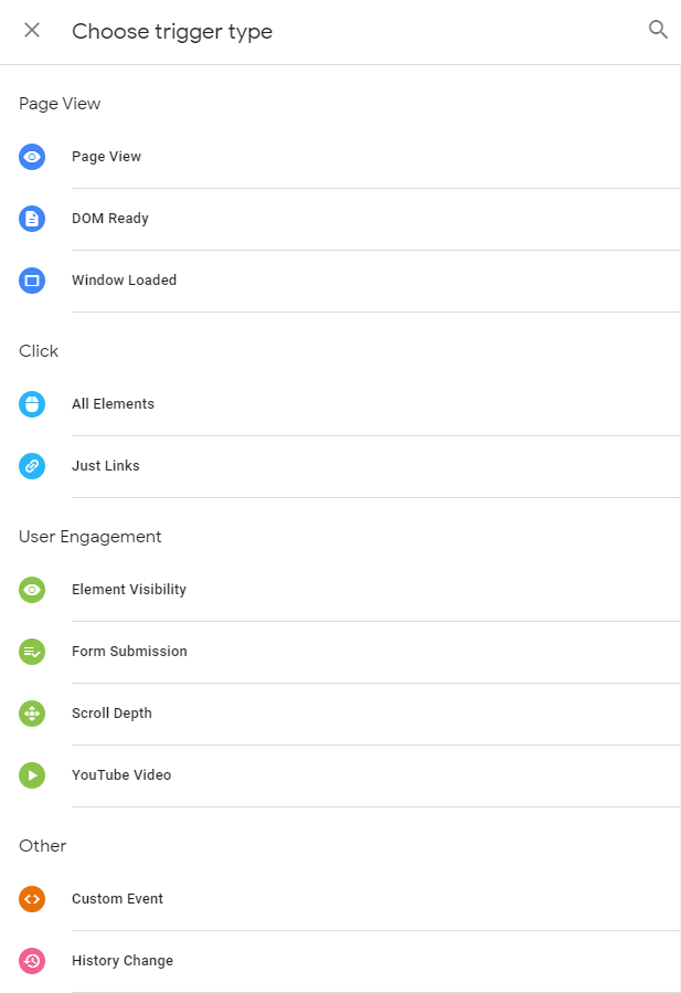 image showing selection of trigger types in google tag managr