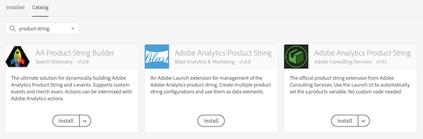 image show the three available product string extensions in the Extension Catalog