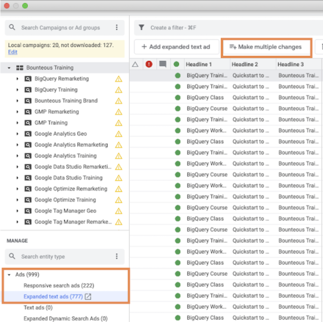 options for Expanded Text Ads and Make Multiple Changes highlighted in the Google Ads Editor dashbaord
