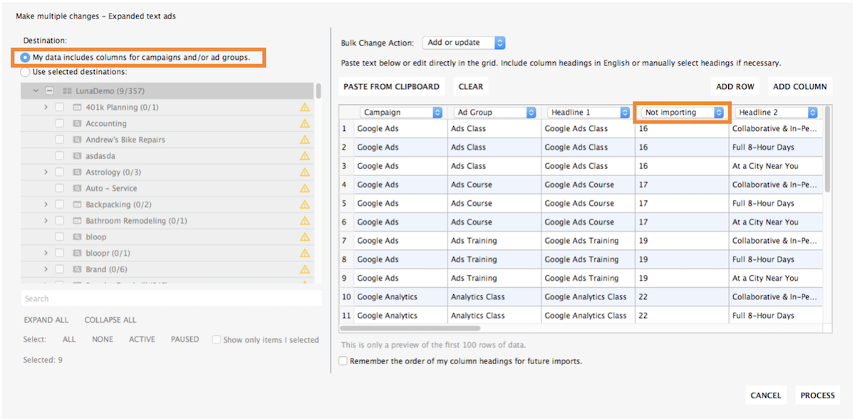 Google Ads data ready for import with options highlight for Not importing and destination selected