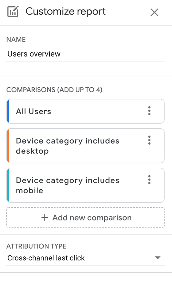 screen grab of report customization options