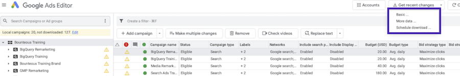 Google Ads Editor interface shown with the option for Get Recent Changes highlight