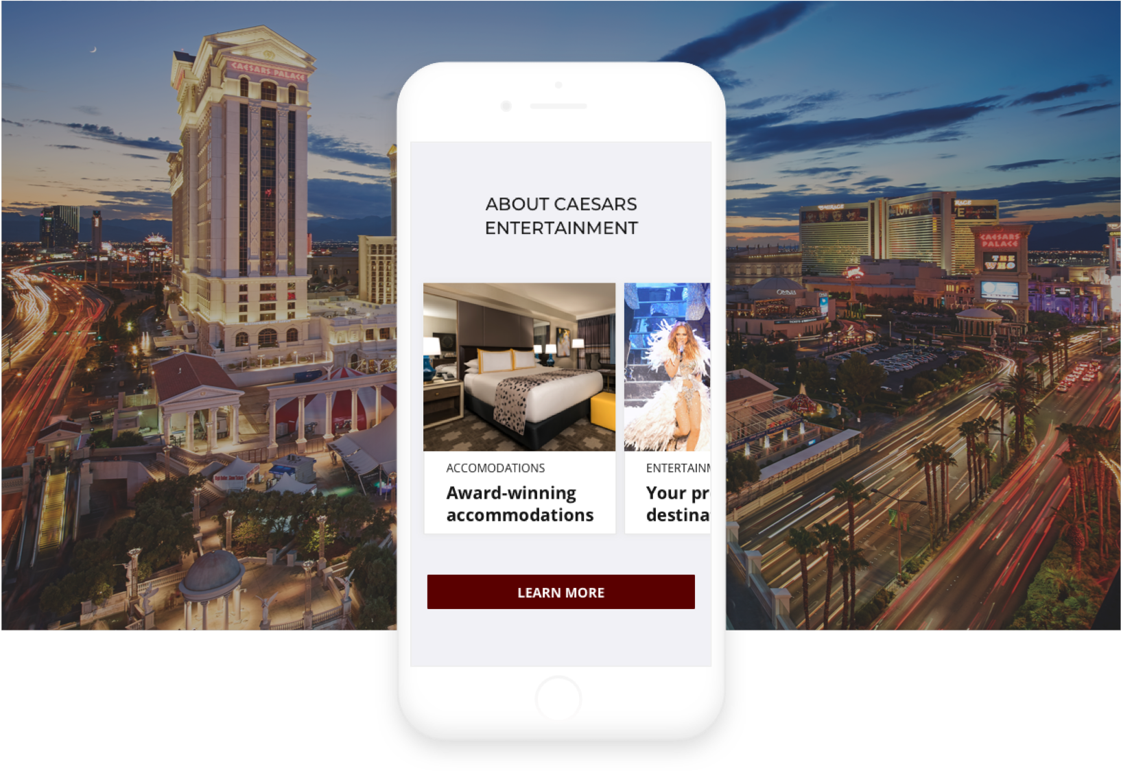caesars site on iphone mock-up with backdrop of the vegas strip and caesars palace