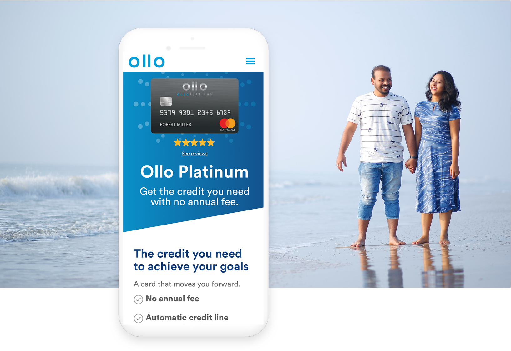 Ollo mobile app displayed over background of couple walking on a beach