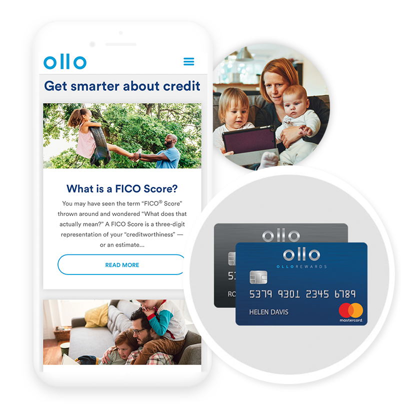 Ollo mobile app next to pop outs of a family looking at a computer and Ollo credit cards