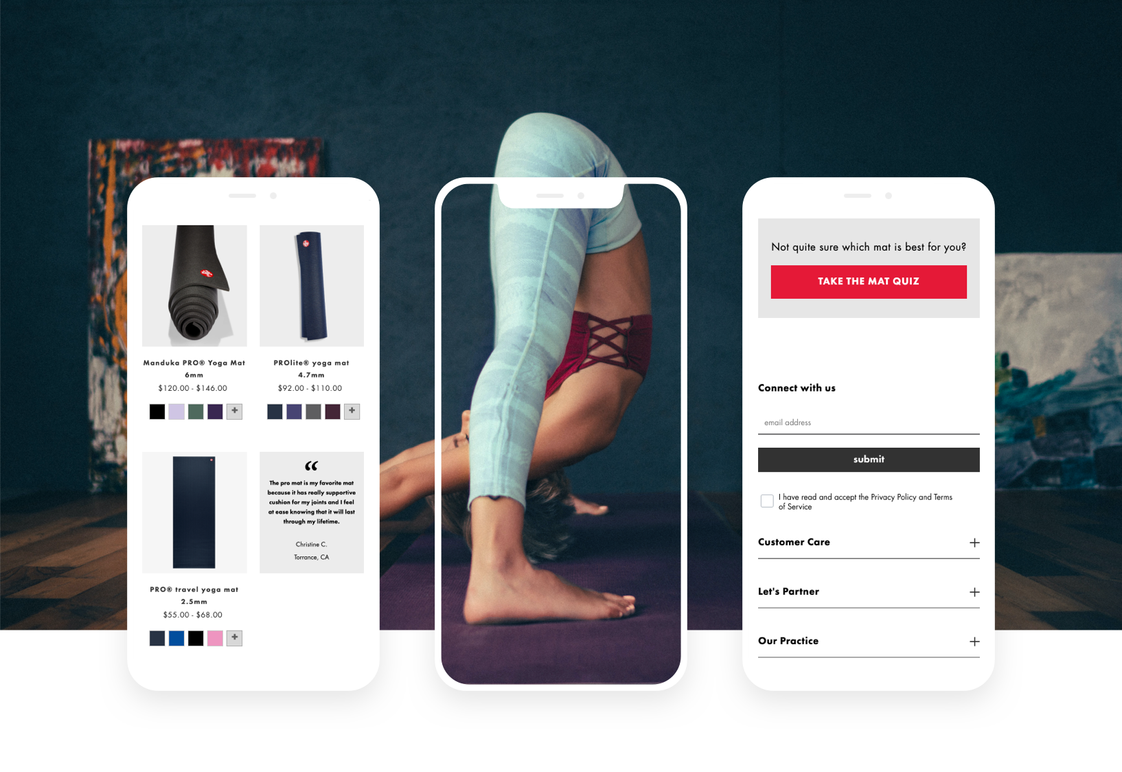 Three mobile screens shown, two with the Manduka mobile app and one with a women doing yoga