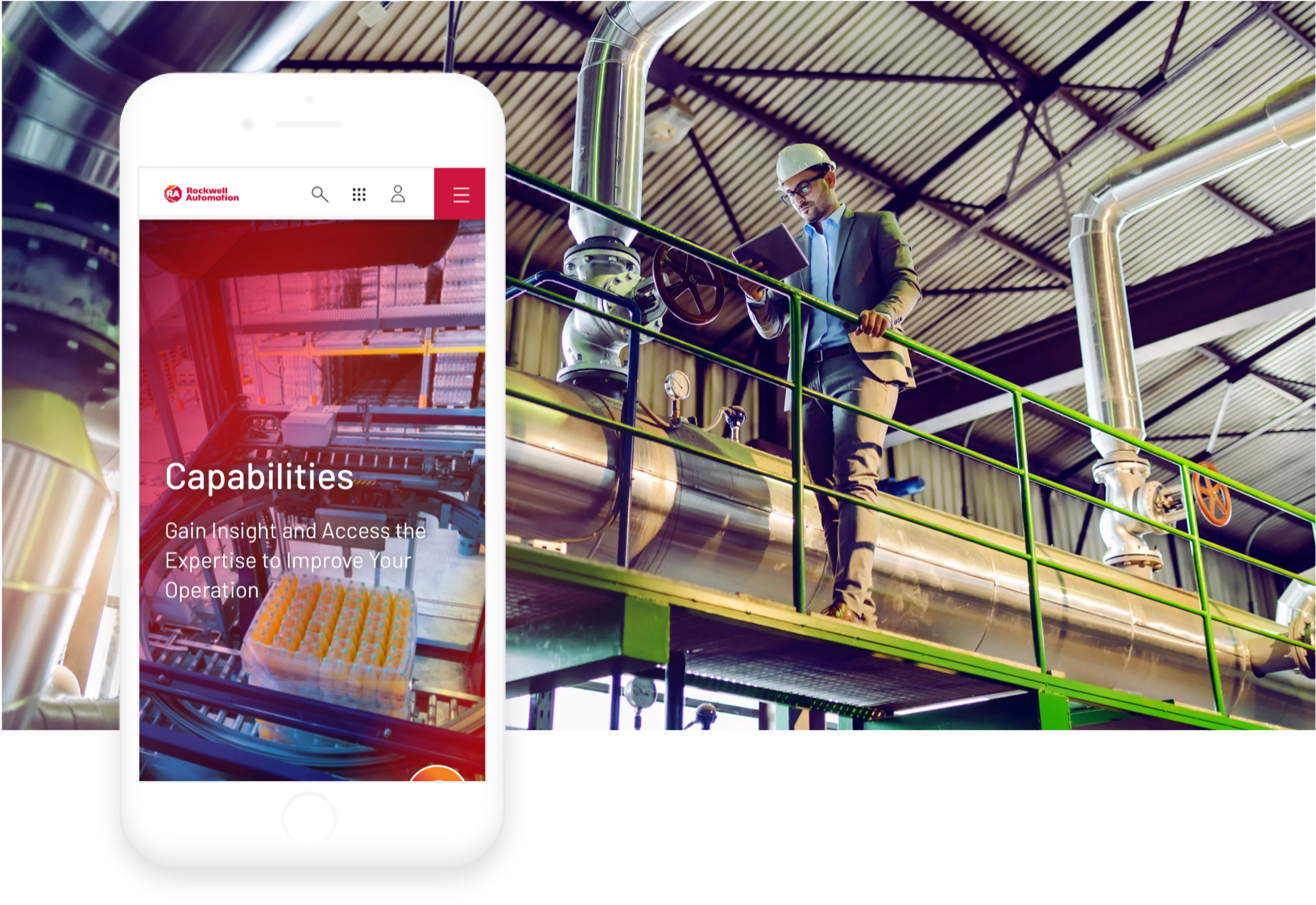 Rockwell Automation mobile app displayed on phone overlaid on an image of a Rockwell Automation factory