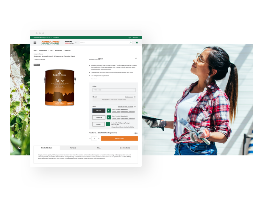 Aubuchon mobile app and website overlaid on an image of a girl painting a wall