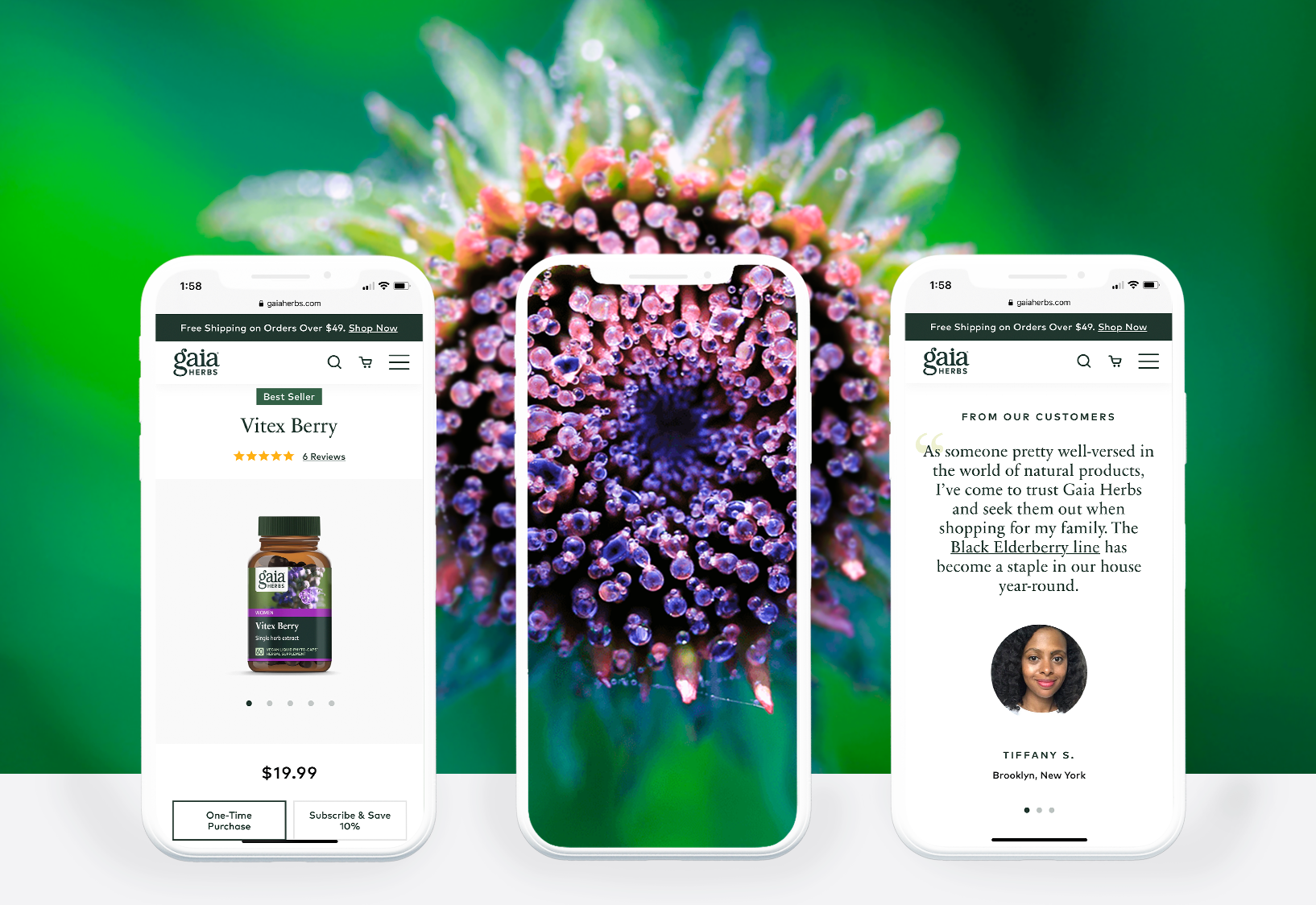 three mobile screens shown two showing the gaia app and one showing a flower