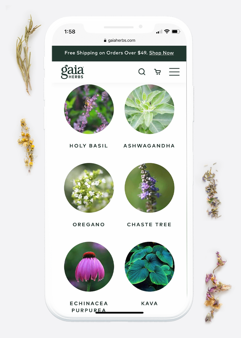 Mobile screen showing the gaia app and a variety of herbal products
