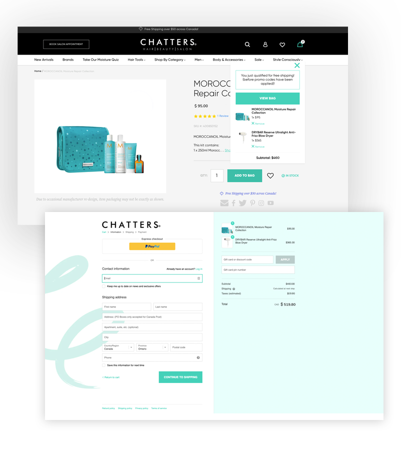 Chatters web product page and checkout page displayed