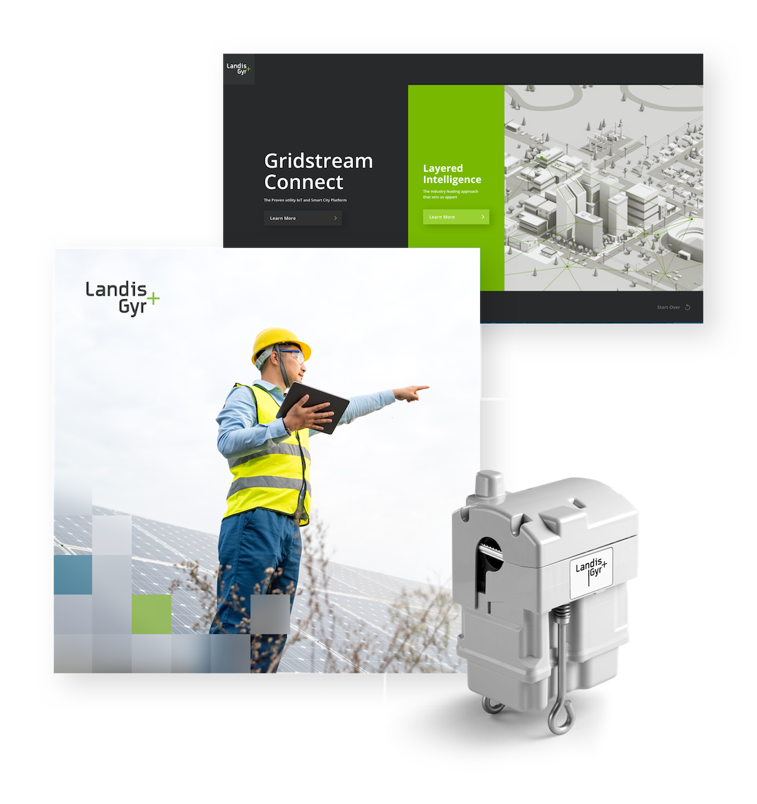 an image of the landis+gyr homepage, a landis+gyr worker, and a piece of landis+gyr equipment