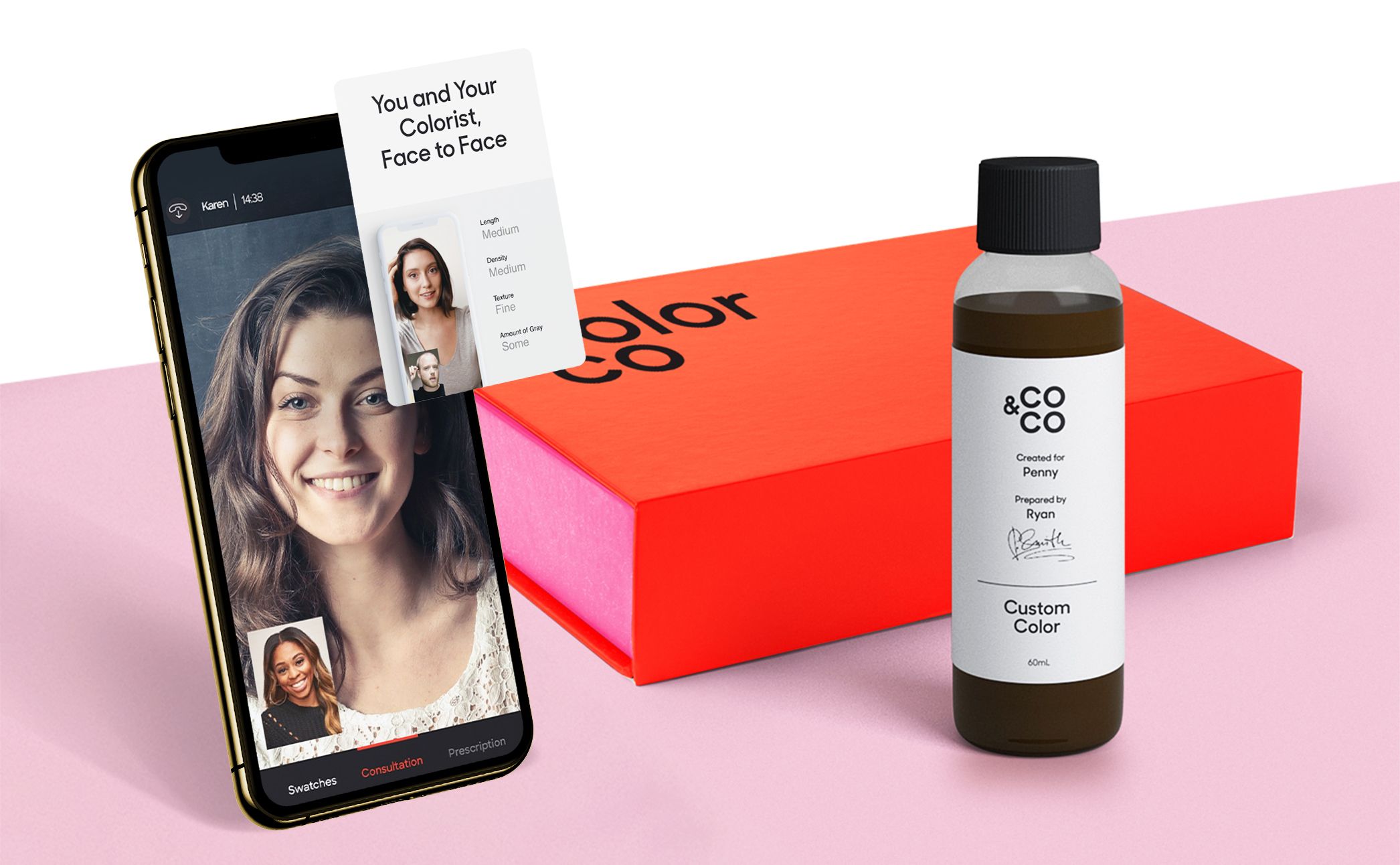 Color & Co product shown next to consultant displayed on a mobile phone