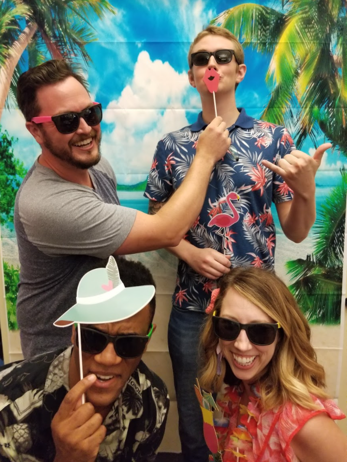 friends in tropical clothes