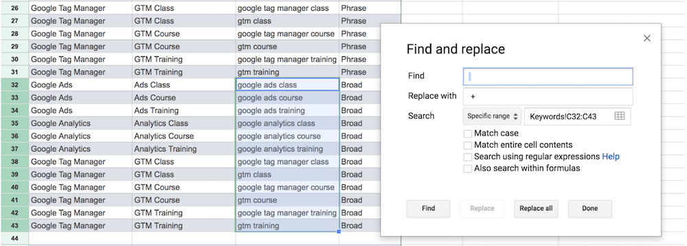 pop up screen for find and replace shown with rows highlighted to replace the spaces with a + sign