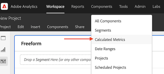 image showing how to make a calculated metric by going to Components then to Calculated Metrics