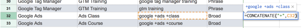 cell highlighted showing the =CONCATENATE function to place a + sign in front of the first word in the keyword column