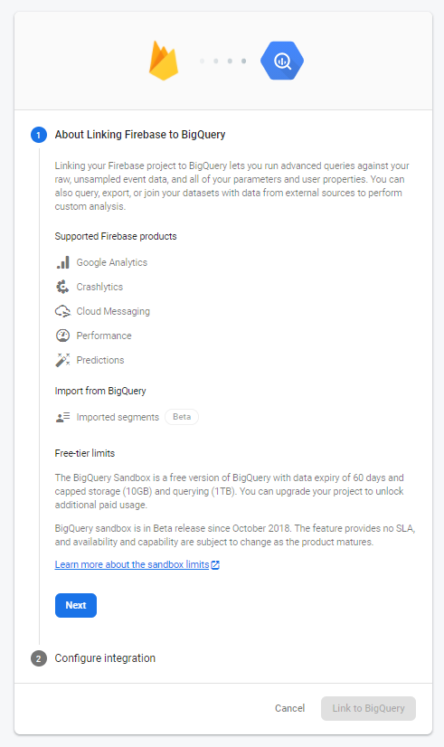 Firebase prompt to read about each aspect of the Analytics export