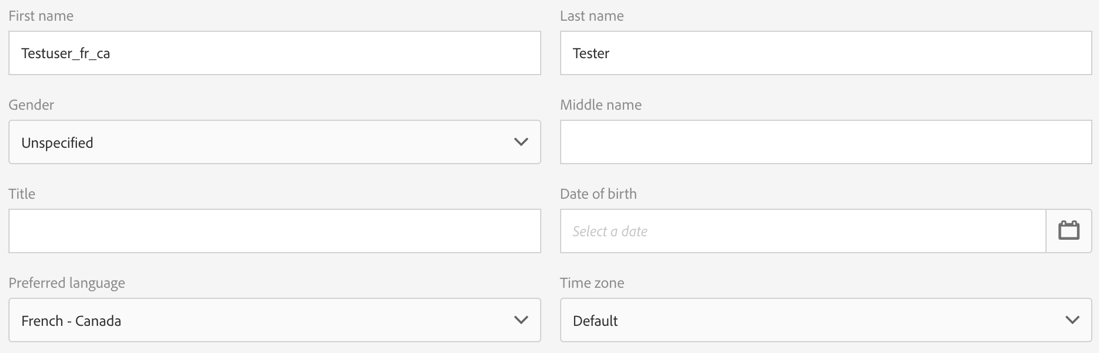 Screenshot of setting up a mock profile with Preferred language