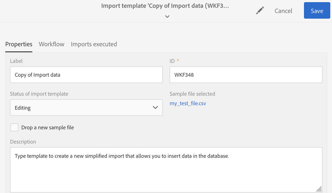 Screenshot of the Import template window