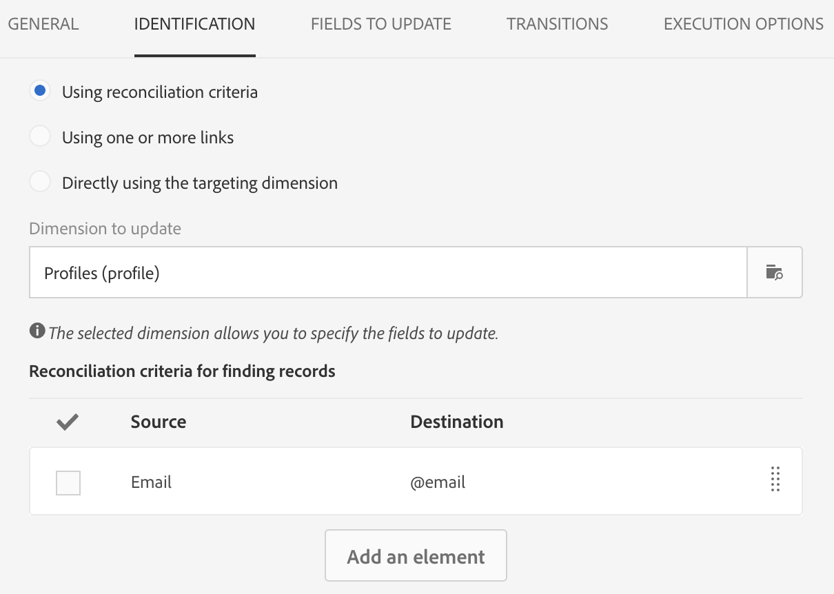 Screenshot of reconciliation in the Update data activity