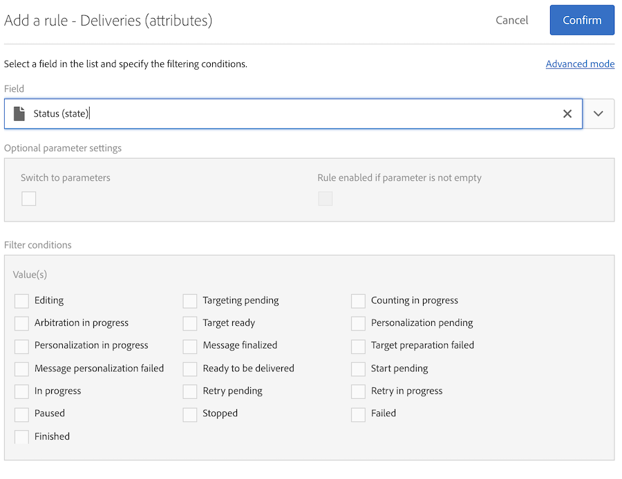 "image showing checkboxes of the possible "Status" values displays."