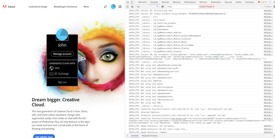 Adobe.com homepage using debug output to show their homepage runs on dynamic tag manager