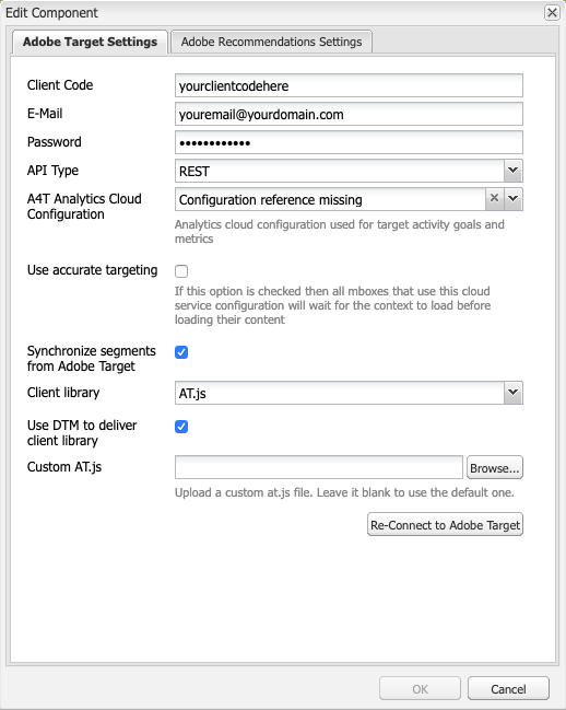 screen grab of Adobe Target settings