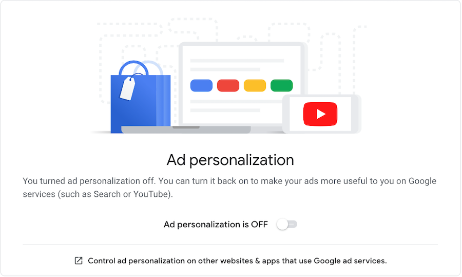 settings for Google Ad Personalization showing where you can toggle the setting to off