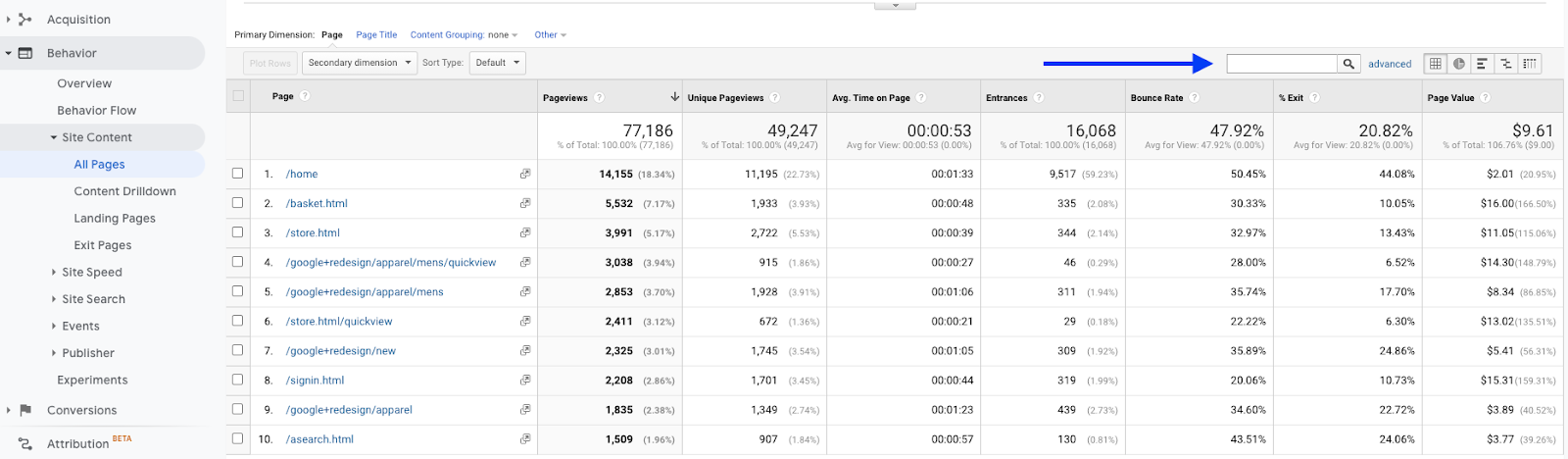 image showing the advanced google analytics view