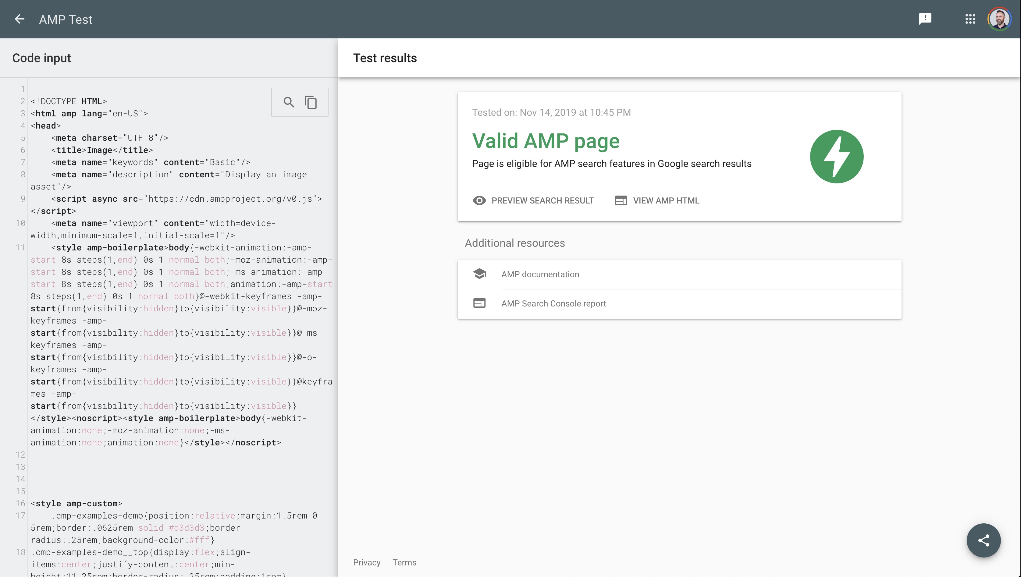 AEM AMP page ran through AMP validator