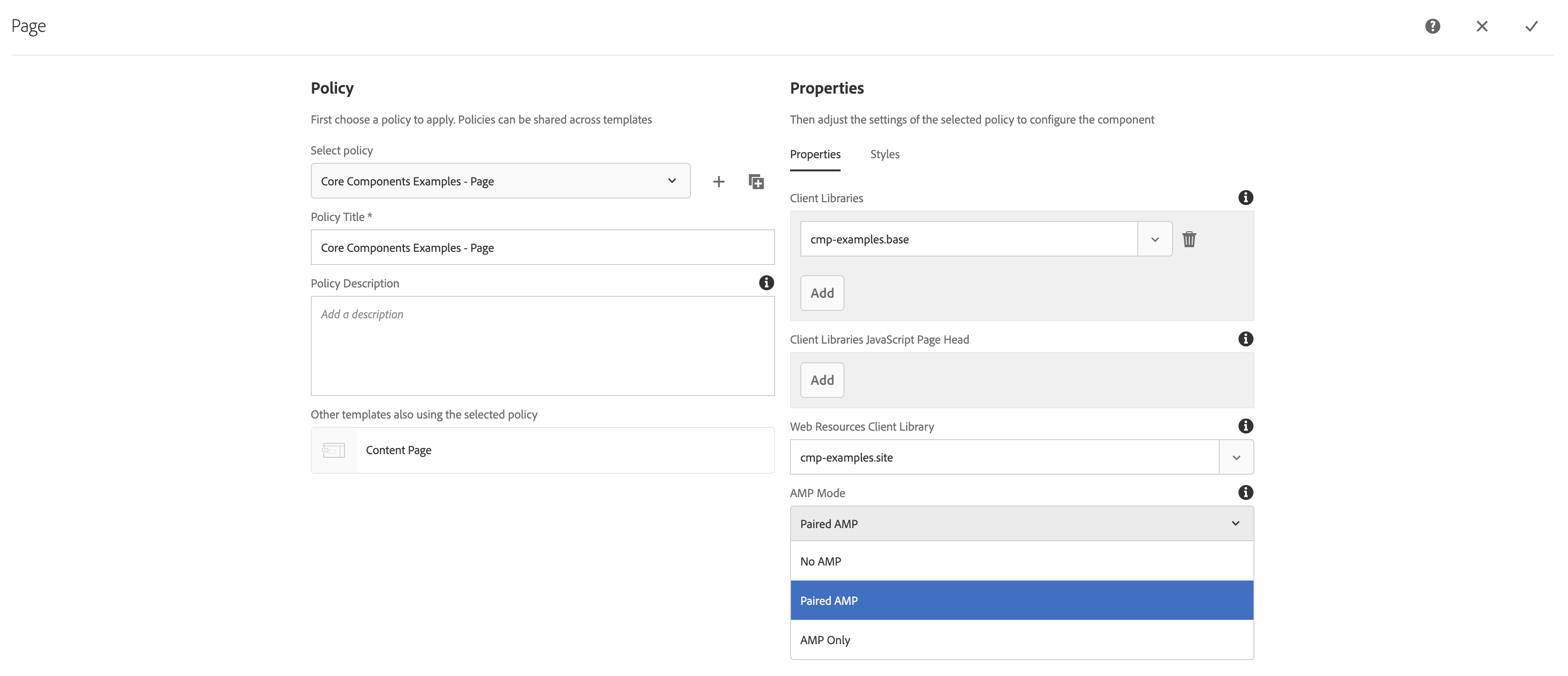 AEM page template AMP mode selection