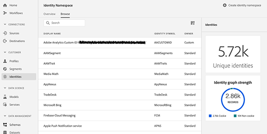 screen grab of Adobe Experience Platform Identity Namespace