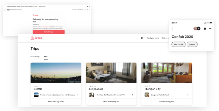different component of the Airbnb interface for their trips feature