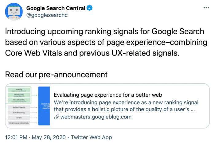 Google Search central tweet announcing Core Web Vitals as a ranking factor