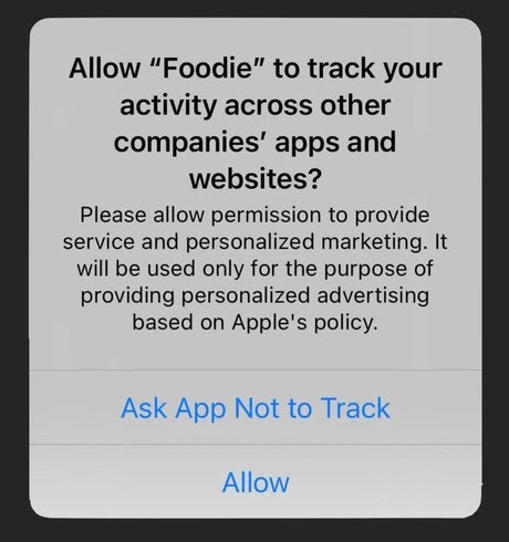 screen grab of new iOS14 update that gives users the options to ask apps not to track their activity