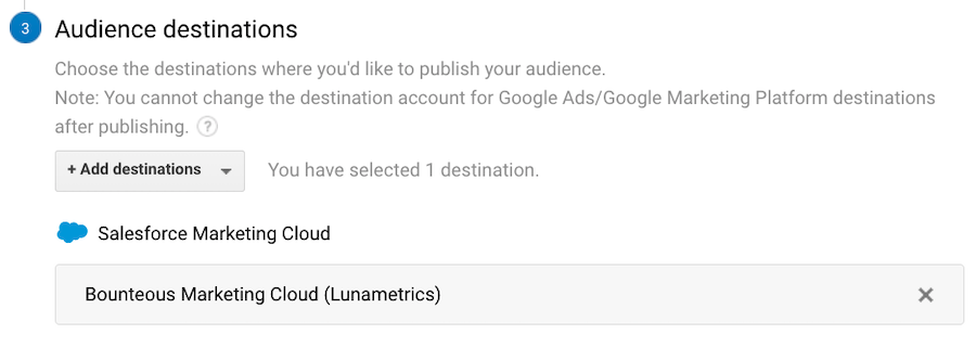 Salesforce Marketing Cloud Shown as an Audience Destination in Google Analytics