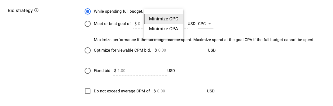 screen grab of bid strategies in DV360