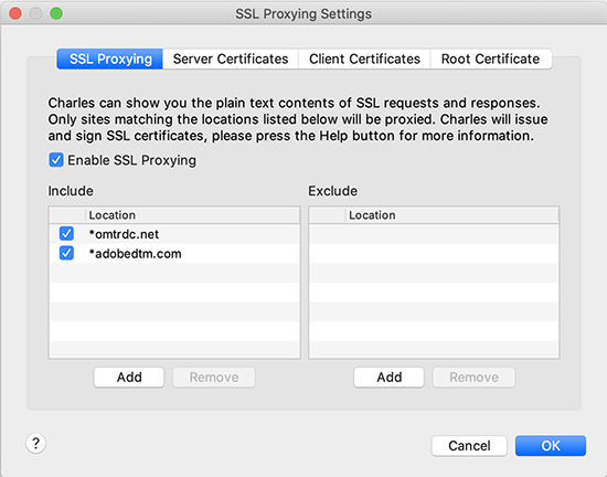 screen grab of Charles SSL Proxy Settings