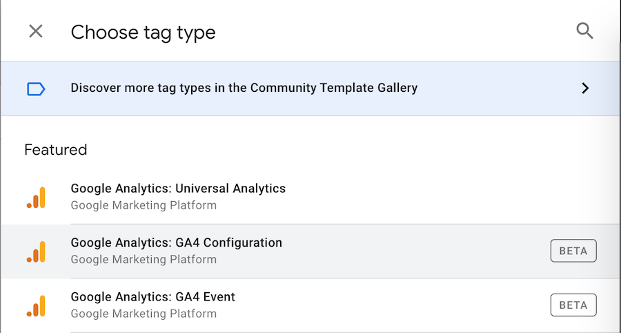 Select the GA4 configuration tag type in the GTM interface