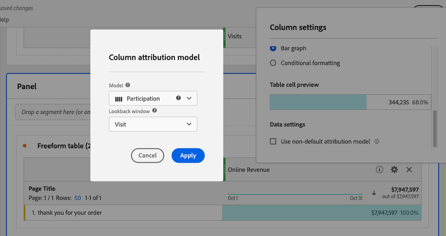 pop-up box for column attribution model with a field for model type and lookback window type