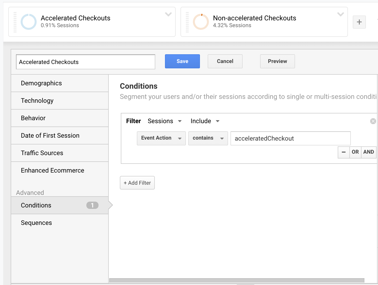 screenshot example of how to create two segments in google analytics