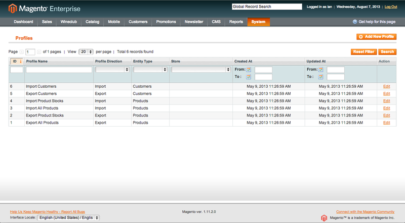  screen shot of grid showing off a list of all the profiles defined in your Magento store