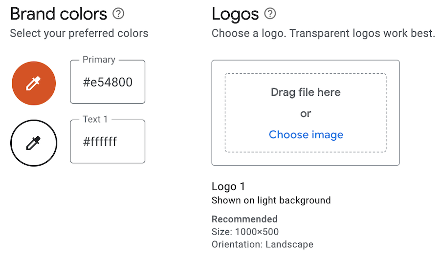 brand color examples and logo drag and drop field