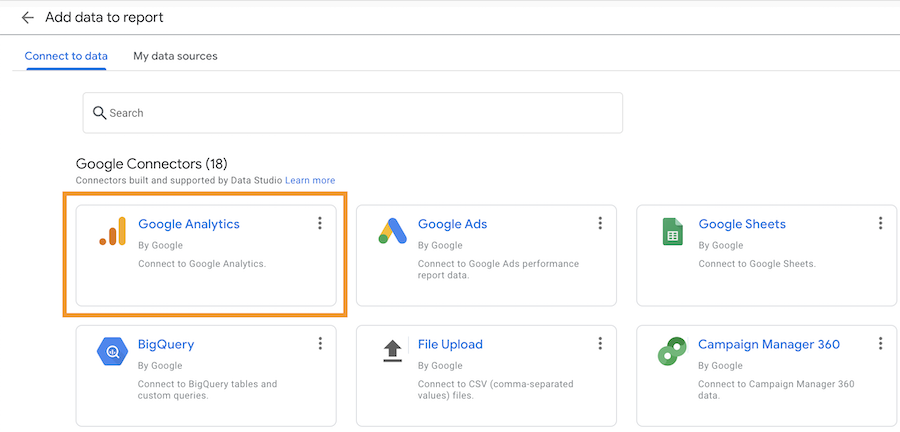 data studio connector options with Google Analytics higlighted
