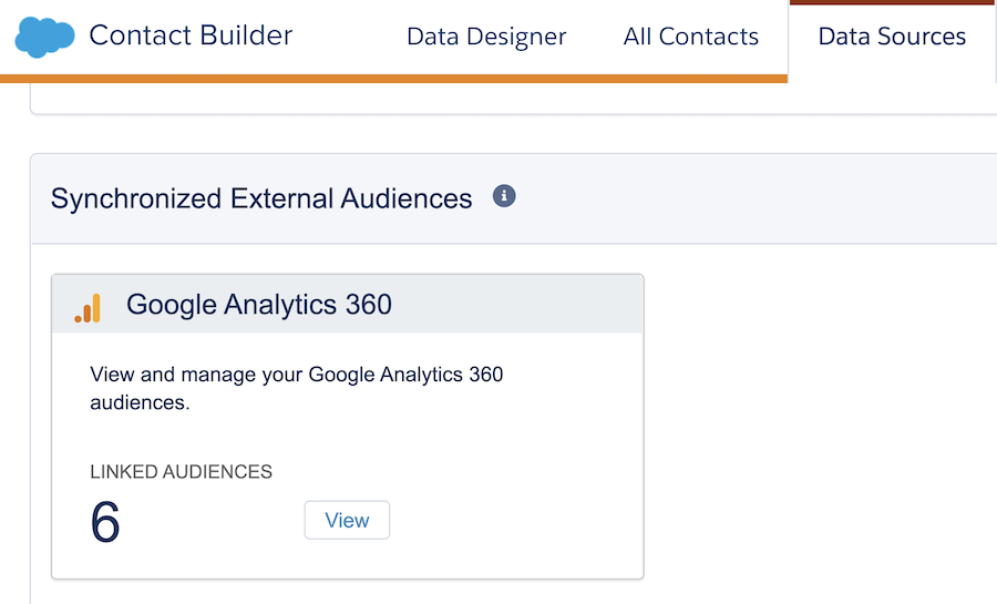 Google Analytics 360 showing as an Synchronized External Audiences in Salesforce Marketing Cloud