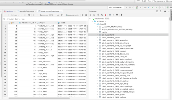 database pane with tree of the database tables in your Drupal database