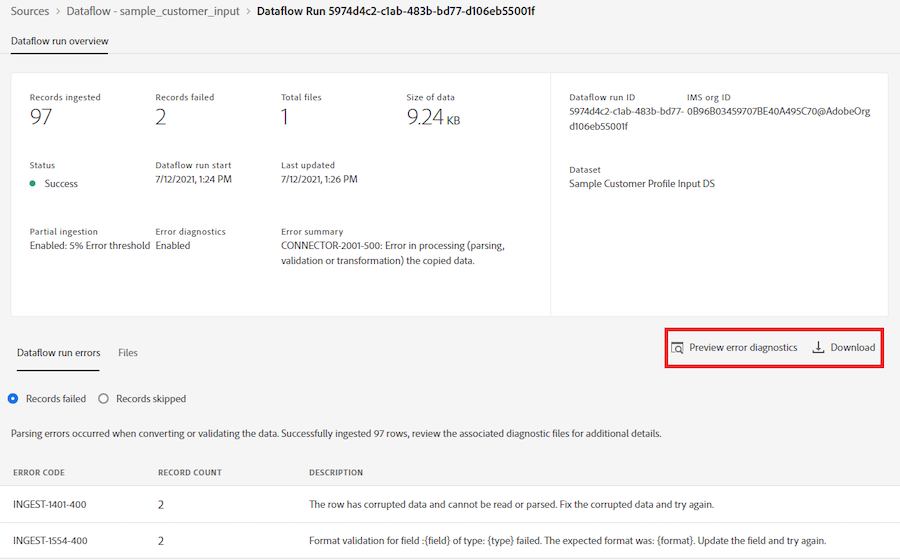 Dataflow run details shown