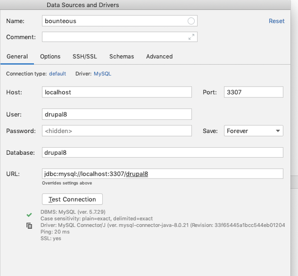 data sources and drivers window with the server information and credentials shown